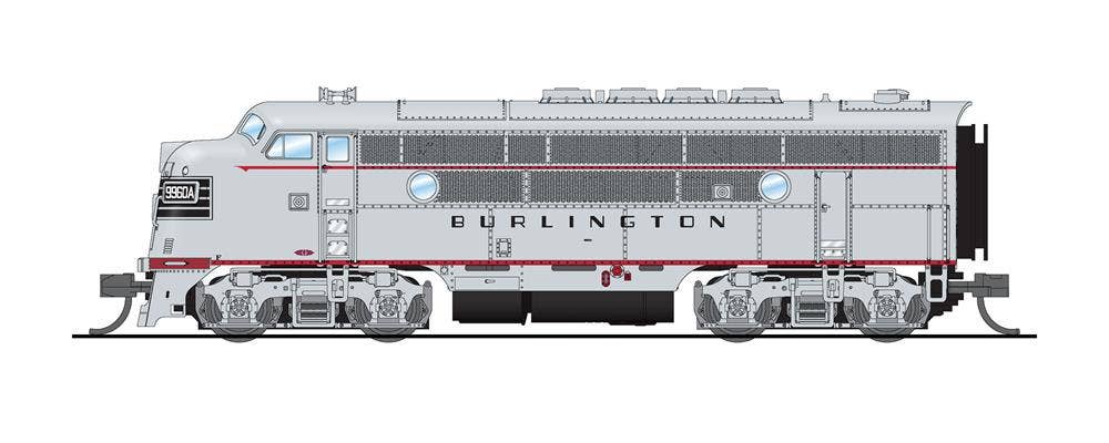 Broadway Limited #6832 EMD F3 A/B CBQ 9960A/9960B Aluminum w/ Black Nose Stripes A-unit Paragon4 Sound/DC/DCC Unpowered B-unit
